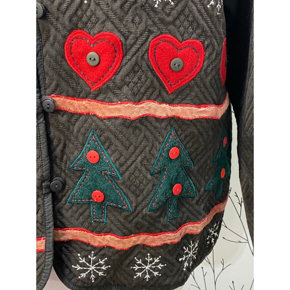 VINTAGE ARIEL Quilted Holiday Christmas Cardigan Jacket L Embroidery Cottagecore - Picture 3 of 8